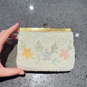 Vintage Beaded Floral Clutch Bag in Cream with Pastel Accents